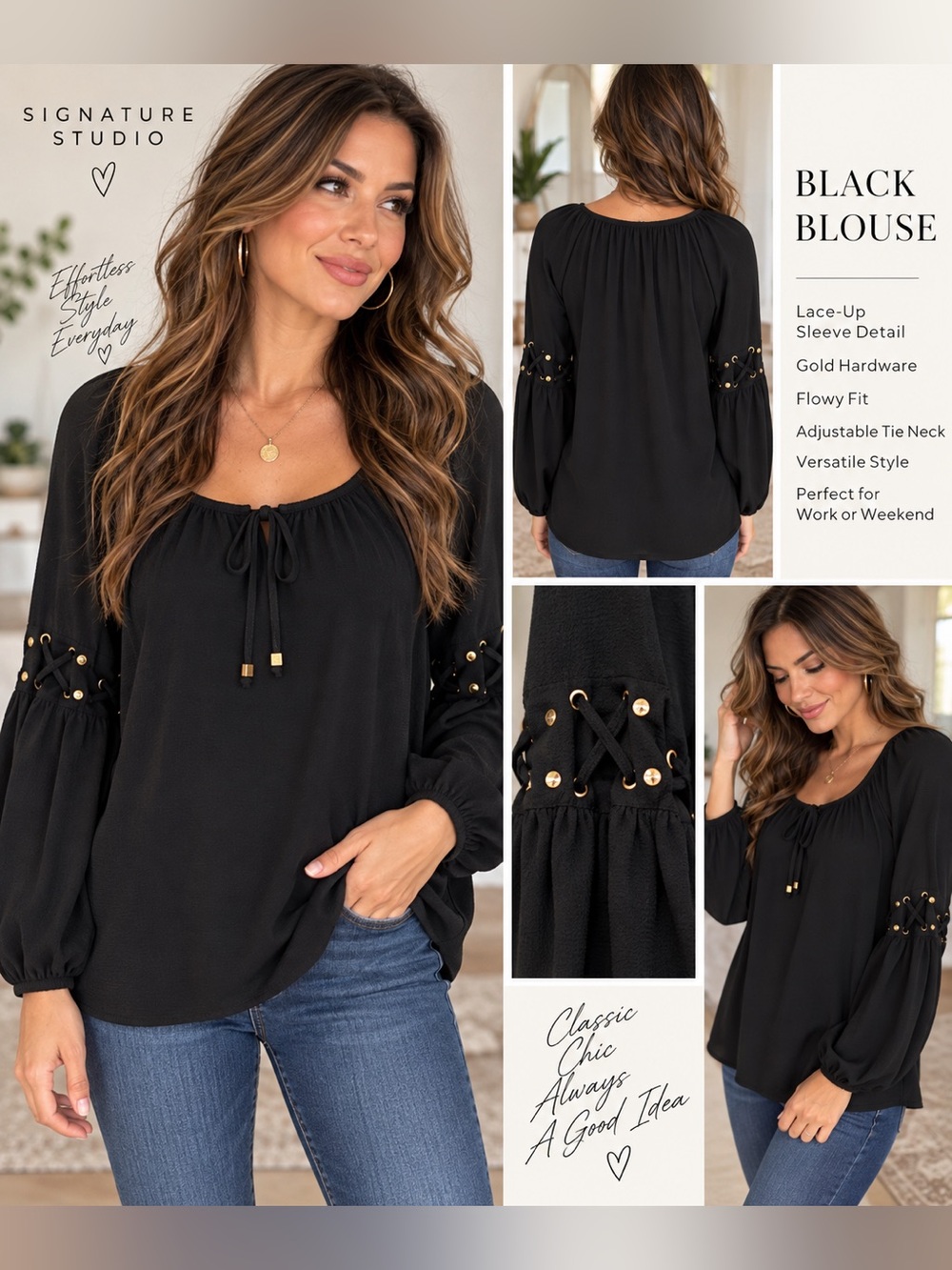 Signature Studio Black Blouse Size M Lace-Up Sleeve Gold Hardware Peasant Top